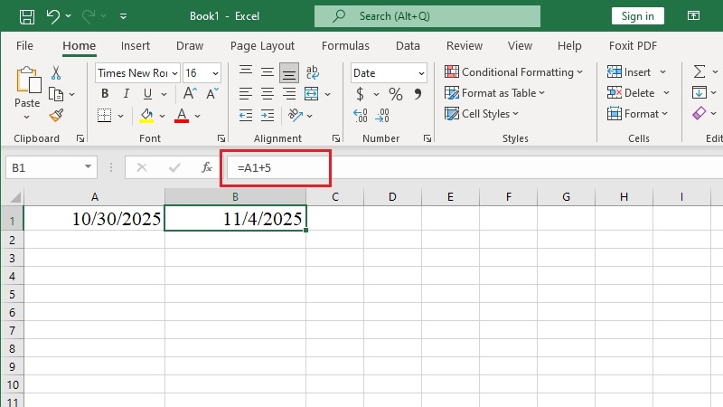Nhập công thức =A1+5 vào ô Excel để cộng thêm 5 ngày Nhập công thức =A1+5 vào ô Excel để cộng thêm 5 ngày