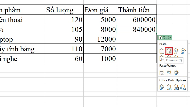 Dùng biểu tượng Paste Options sau khi dán bước 4 Dùng biểu tượng Paste Options sau khi dán bước 4