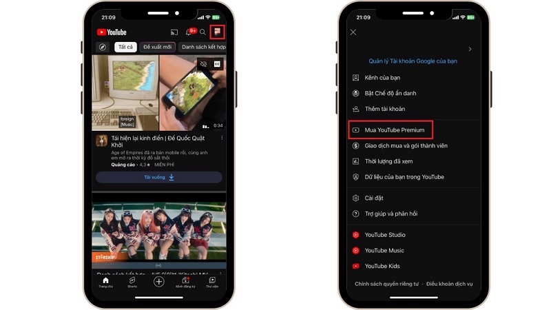 Chọn vào mục Mua YouTube Premium