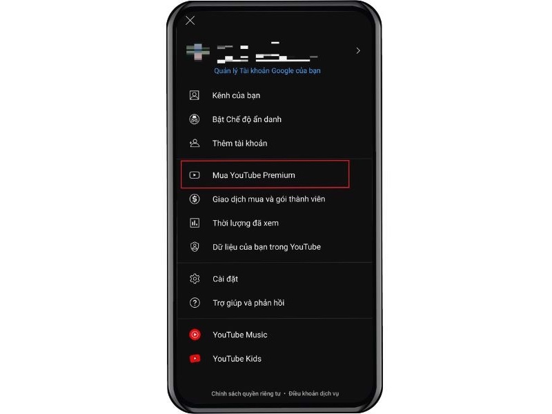 Chọn vào mục Mua YouTube Premium