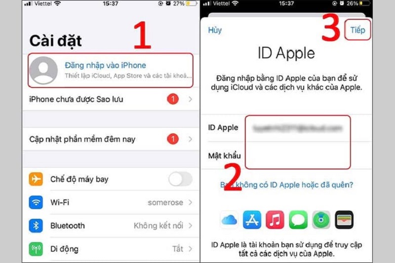 Nhập ID Apple và mật khẩu vào rồi nhấn Tiếp