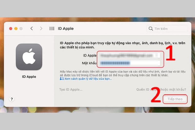 Nhập lần lượt Apple ID và mật khẩu vào rồi nhấn Tiếp theo