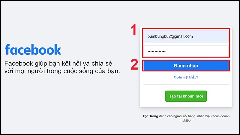 Nhập email và mật khẩu để đăng nhập Facebook trên PC Nhập email và mật khẩu để đăng nhập Facebook trên PC