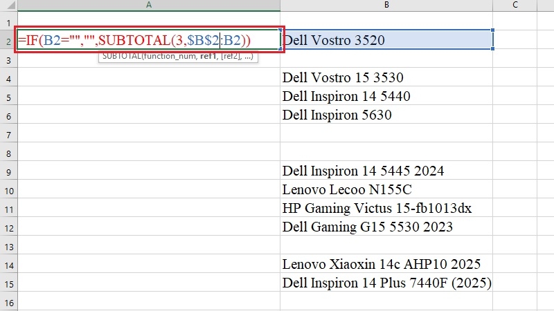 Kết hợp hàm IF và SUBTOTAL để bỏ qua dòng trống khi đánh số thứ tự Kết hợp hàm IF và SUBTOTAL để bỏ qua dòng trống khi đánh số thứ tự