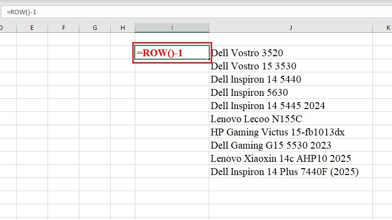 Nhập công thức =ROW()-1 vào ô A2 trong Excel Nhập công thức =ROW()-1 vào ô A2 trong Excel