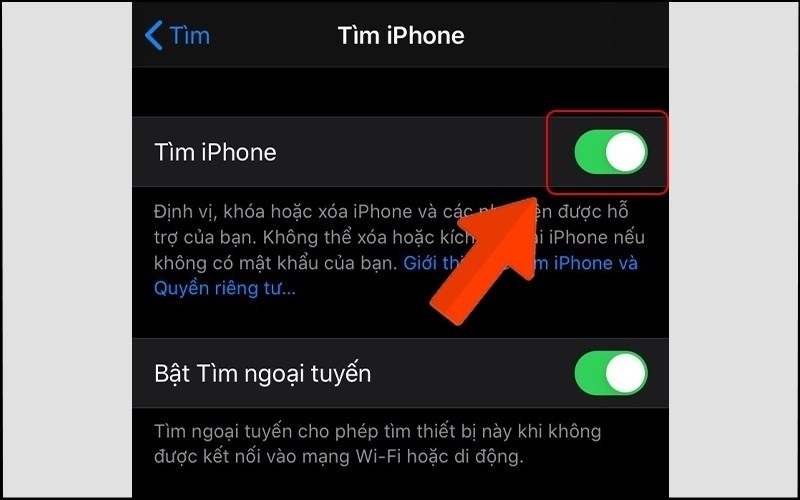 Gạt thanh trượt ở mục Tìm iPhone sang phải
