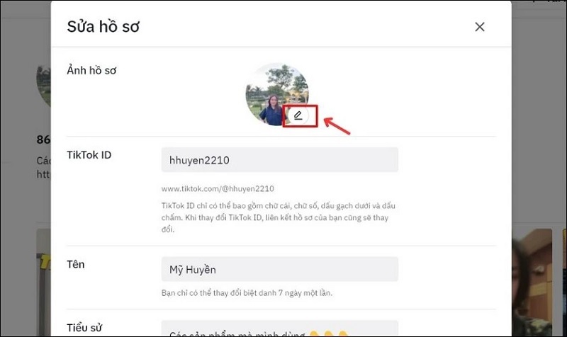 Chọn vào biểu tượng chỉnh sửa để tiến hành đổi avatar Tiktok