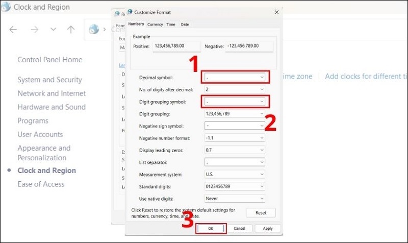 Chọn tab Number