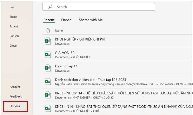 Chọn Options