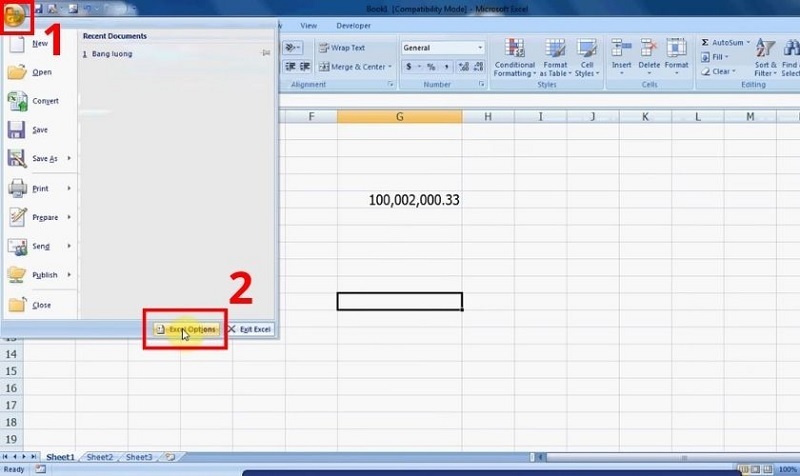 Chọn vào mục Excel Options