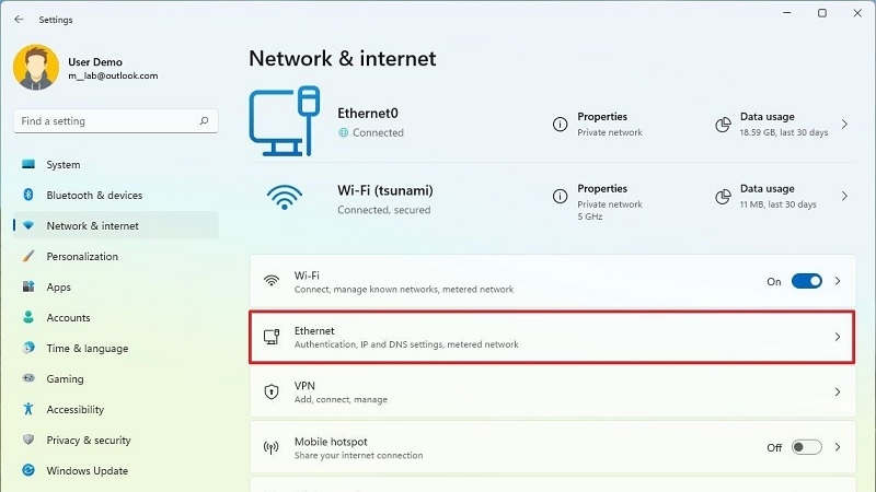 Giao diện Settings Windows 11, mục Network & Internet được khoanh đỏ Giao diện Settings Windows 11, mục Network & Internet được khoanh đỏ