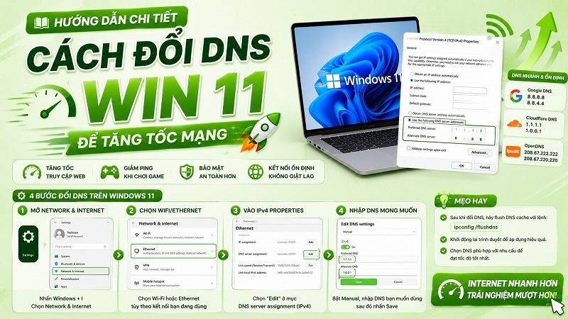 Hướng dẫn chi tiết cách đổi DNS Win 11 để tăng tốc mạng