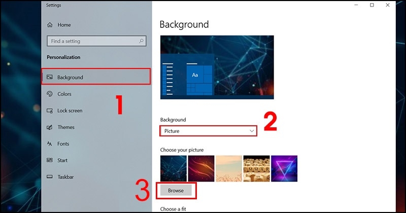Giao diện Settings Win 10 với mục Background