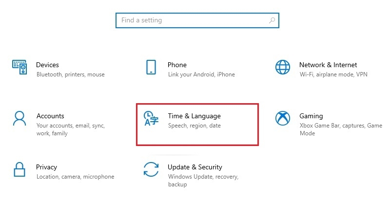Chọn Time & Language trong Settings Windows 10 Chọn Time & Language trong Settings Windows 10