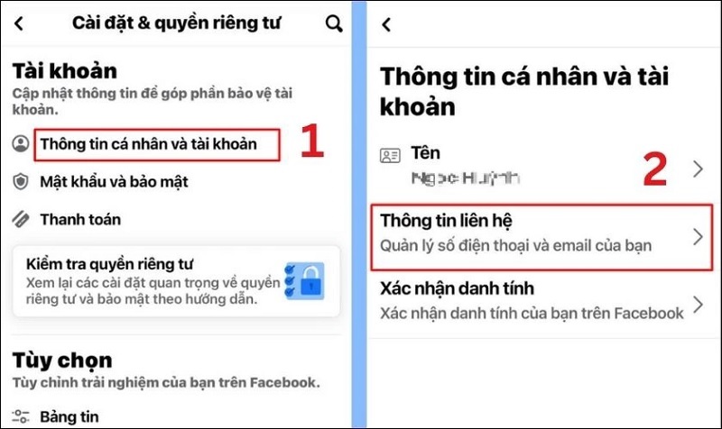 Chọn vào mục Thông tin liên hệ