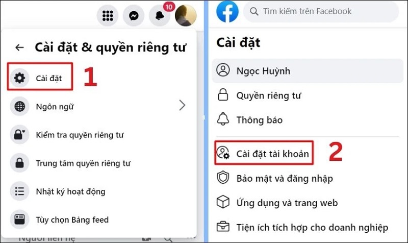 Chọn vào mục Cài đặt tài khoản