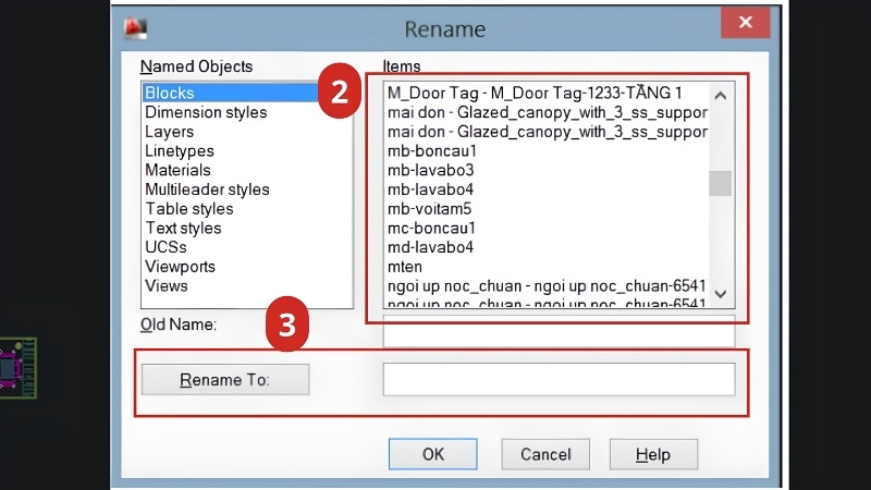 Chọn mục Blocks trong hộp thoại Rename của AutoCAD
