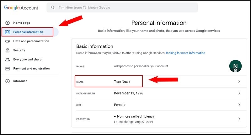Nhấn chọn mục “Personal information”
