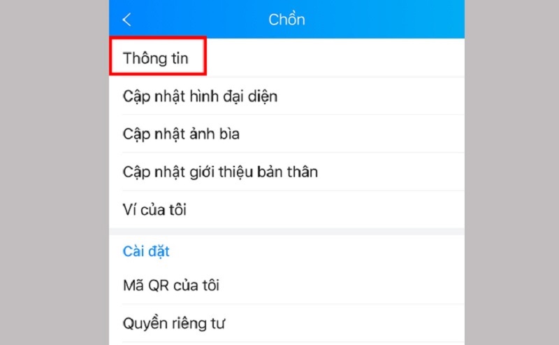Chọn mục Thông tin