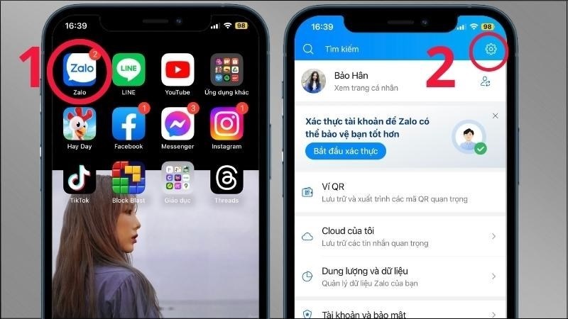 Chọn biểu tượng Cài đặt