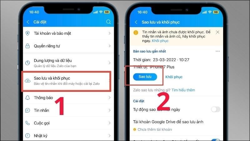 Chọn nút Sao lưu