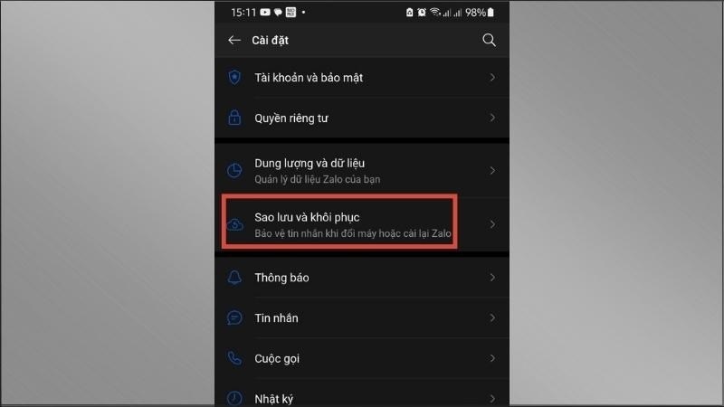 Chọn mục Sao lưu và khôi phục