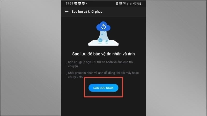 Chọn Sao lưu ngay