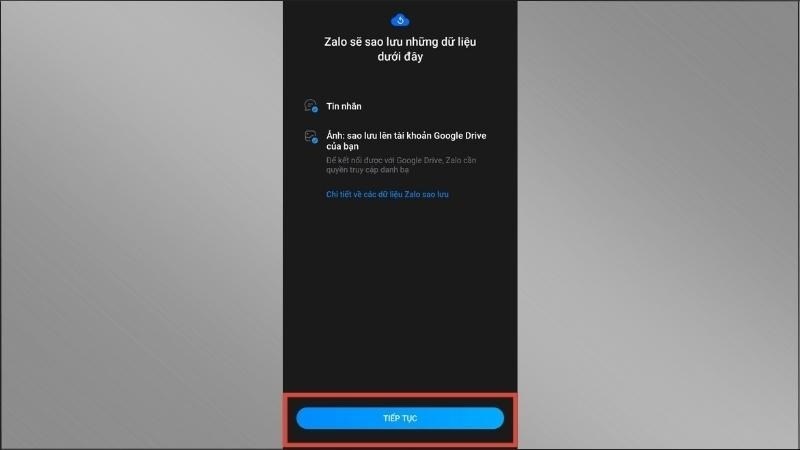 Nhấn vào nút Tiếp tục