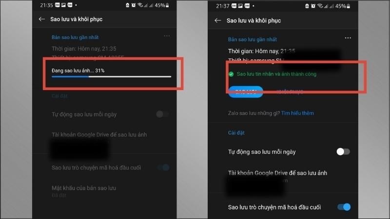 Chờ đợi trong giây lát đến khi có thông báo Sao lưu tin nhắn và ảnh thành công