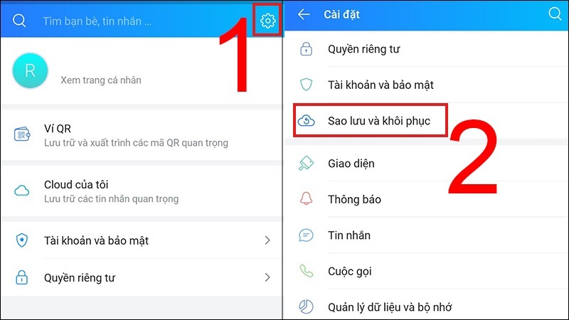Chọn vào mục Sao lưu và khôi phục