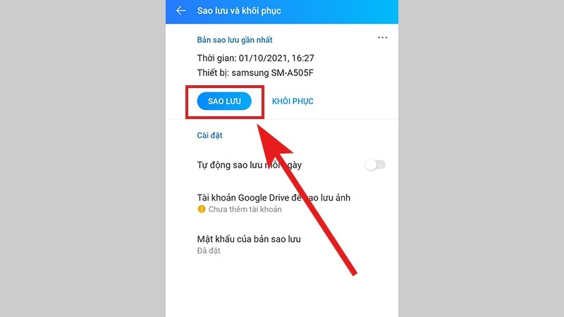 Chọn vào nút Sao lưu
