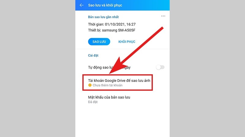 Chọn vào dòng chữ Tài khoản Google Drive