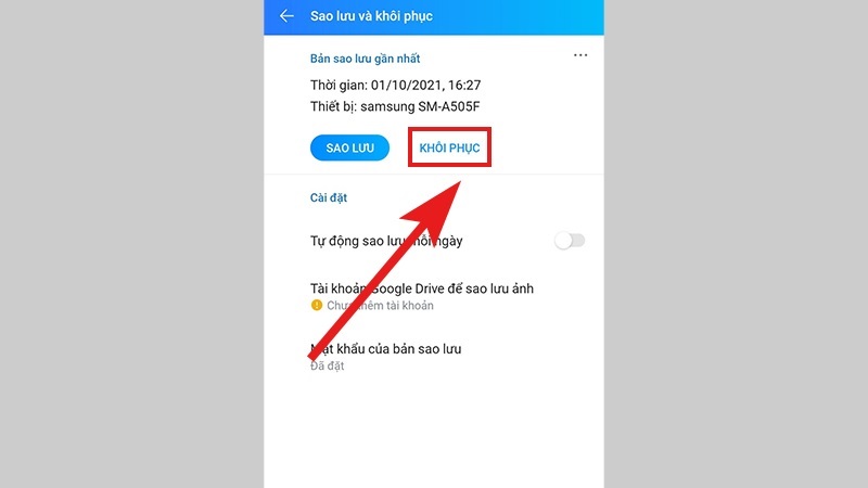 Chọn vào nút Khôi phục