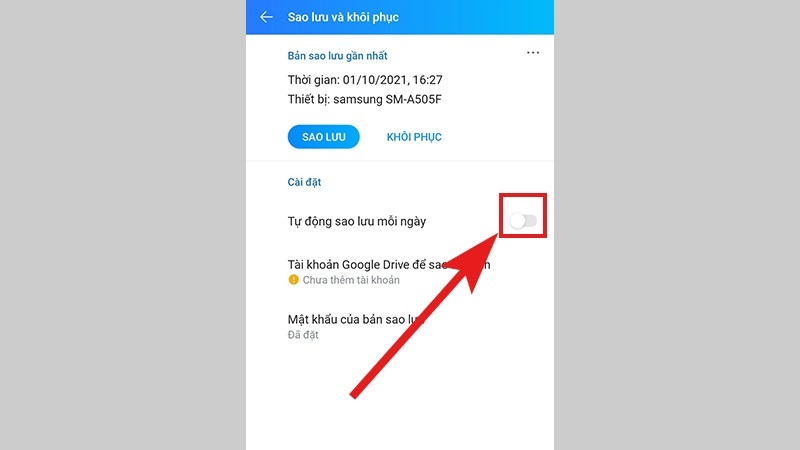 Kích hoạt tính năng Tự động sao lưu mỗi ngày