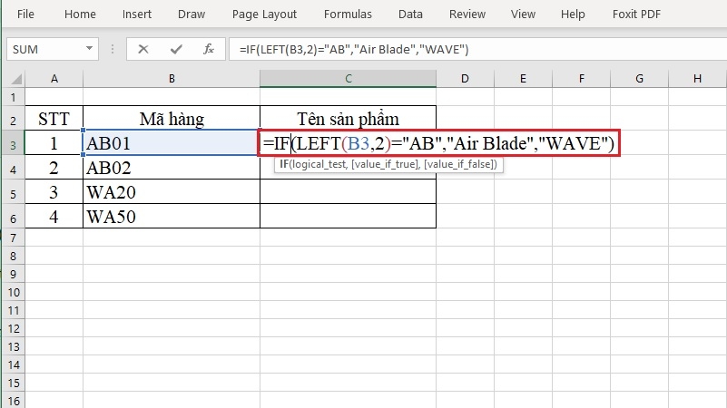 Nhập công thức hàm IF kết hợp LEFT vào ô C3 trong Excel Nhập công thức hàm IF kết hợp LEFT vào ô C3 trong Excel