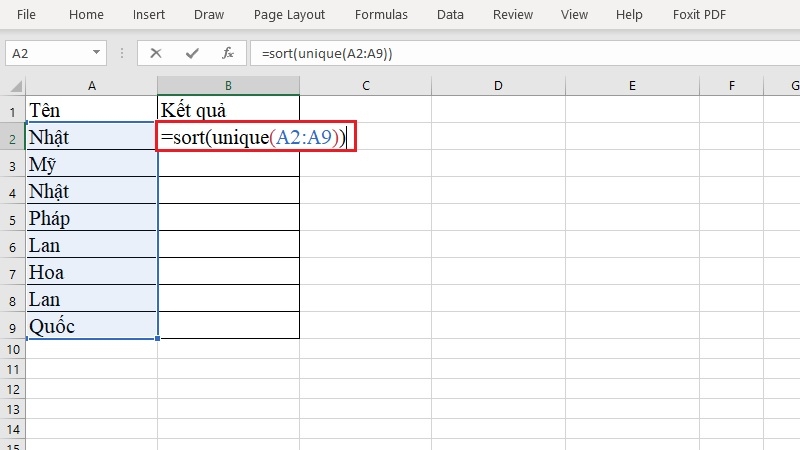 Công thức =SORT(UNIQUE(A2:A9)) Công thức =SORT(UNIQUE(A2:A9))