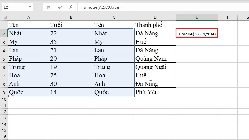 Bảng dữ liệu nhiều cột trước và sau khi áp dụng công thức =UNIQUE(A2:C9, TRUE) Bảng dữ liệu nhiều cột trước và sau khi áp dụng công thức =UNIQUE(A2:C9, TRUE)