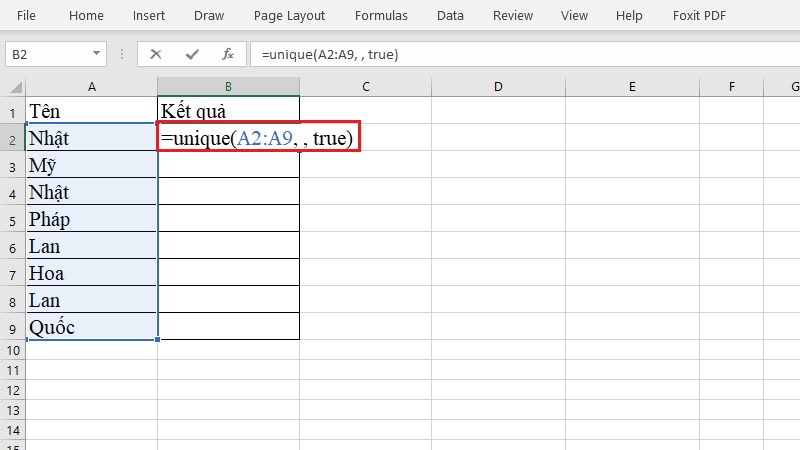 Công thức =UNIQUE(A2:A9, , TRUE) Công thức =UNIQUE(A2:A9, , TRUE)