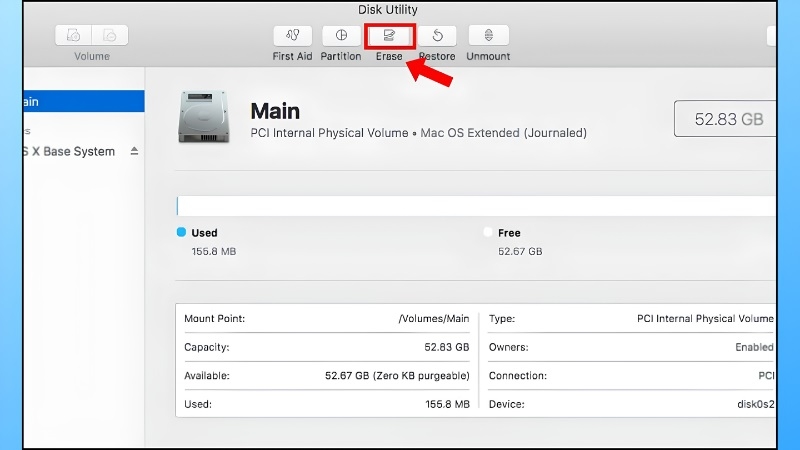 Nhấn nút Erase trong Disk Utility Nhấn nút Erase trong Disk Utility
