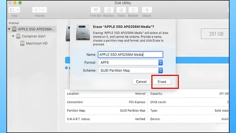 Xác nhận Erase để hoàn tất format trên macOS Xác nhận Erase để hoàn tất format trên macOS