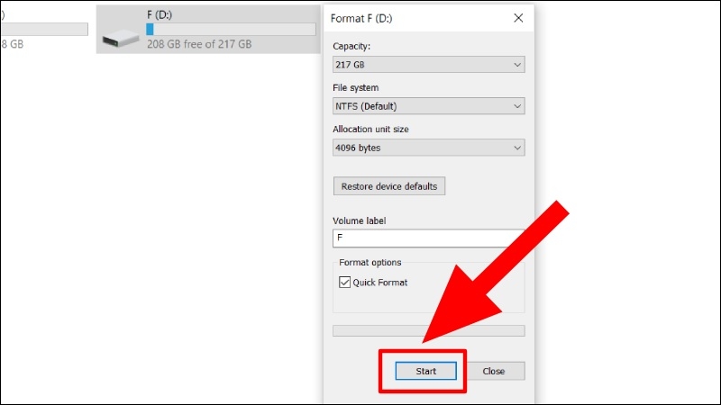 Nhấn Start và xác nhận hoàn tất format Nhấn Start và xác nhận hoàn tất format