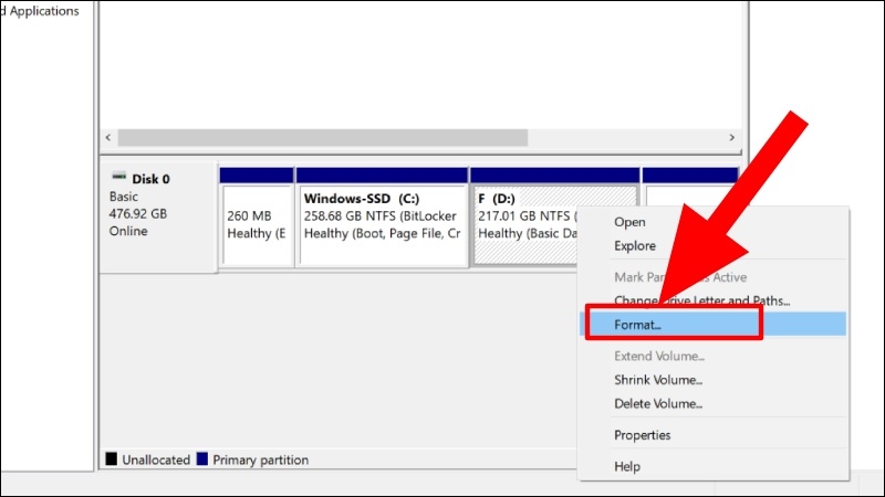 Chọn Format trong Disk Management Chọn Format trong Disk Management