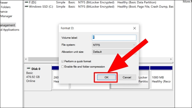 Xác nhận và chờ Disk Management hoàn tất format Xác nhận và chờ Disk Management hoàn tất format