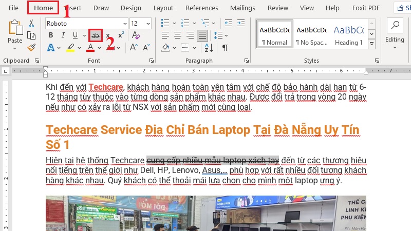 Biểu tượng Strikethrough trong nhóm Font, thẻ Home
