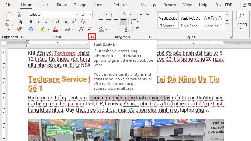 Mở hộp thoại Font bằng tổ hợp phím Ctrl + D