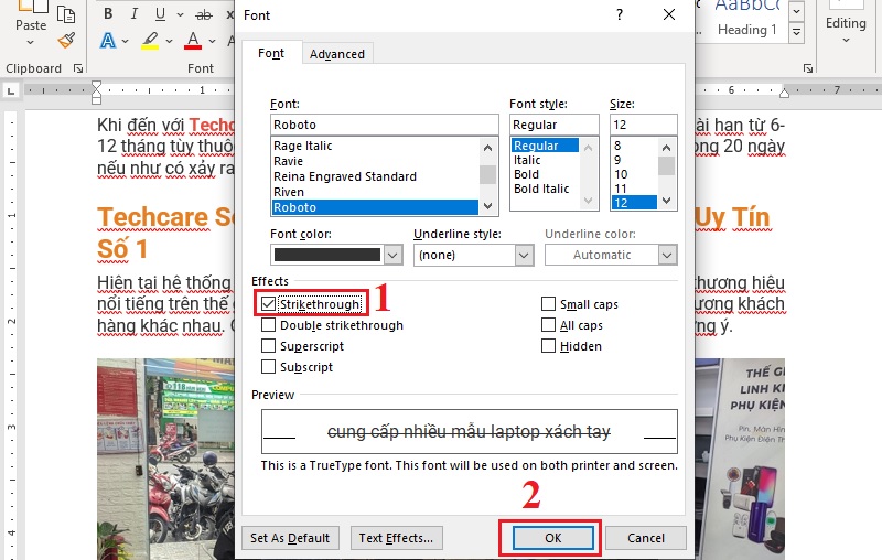 Tích chọn Strikethrough hoặc Double Strikethrough trong hộp thoại Font