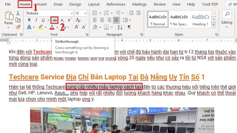 Bỏ biểu tượng Strikethrough trong nhóm Font, thẻ Home