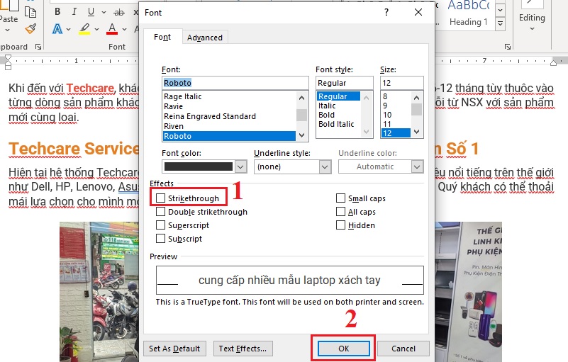 Bỏ tích chọn Strikethrough hoặc Double Strikethrough trong hộp thoại Font