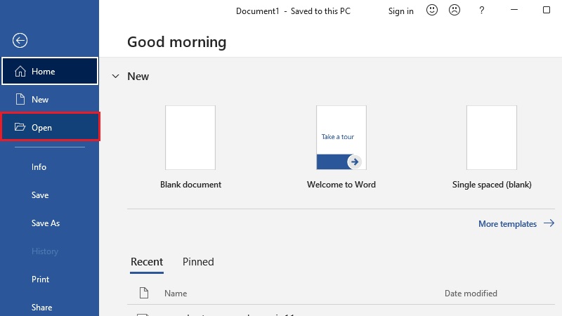 Mở file Word cần gạch ngang chữ qua File > Open