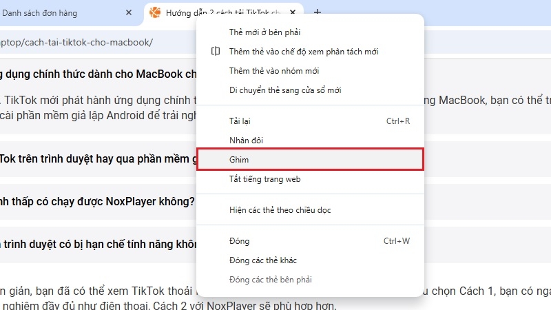 Bấm chuột phải vào thẻ Tab trên Chrome và chọn Ghim